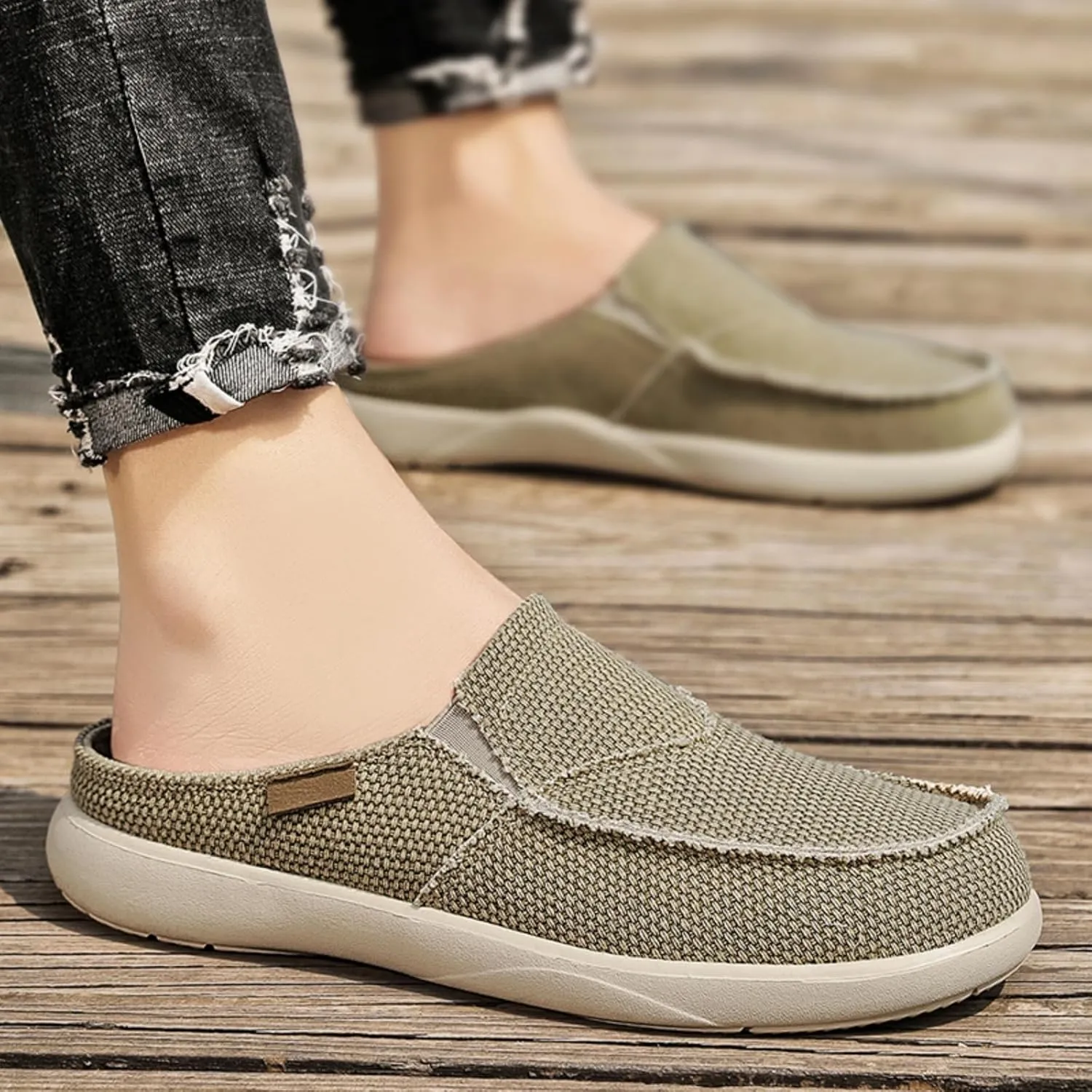 Mens Breathable Canvas Mules Elastic Band Slip-On Half Loafers Round Toe Non-Slip Casual Flat Shoes for Walking Outdoor Hiking