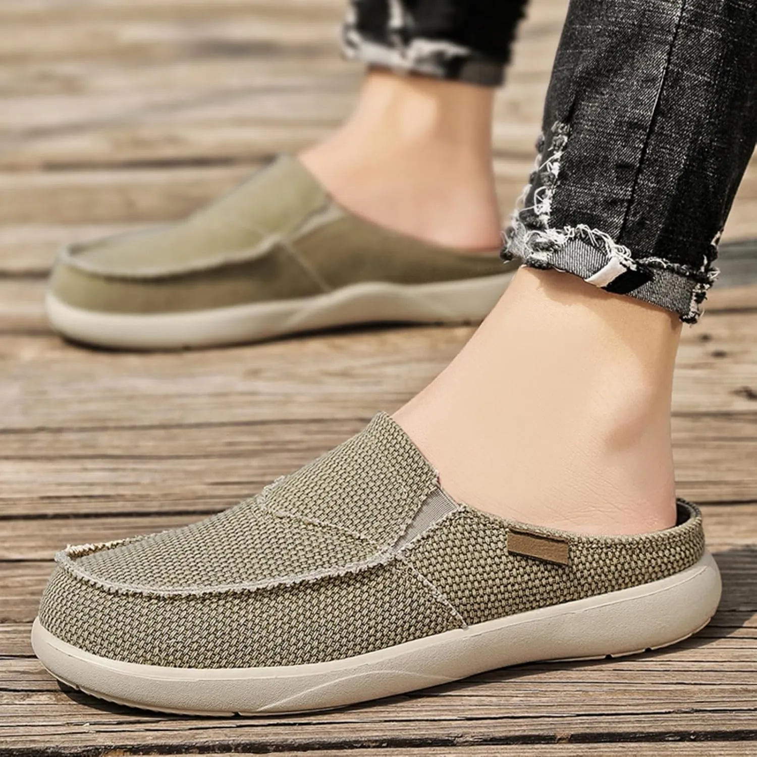 Mens Breathable Canvas Mules Elastic Band Slip-On Half Loafers Round Toe Non-Slip Casual Flat Shoes for Walking Outdoor Hiking