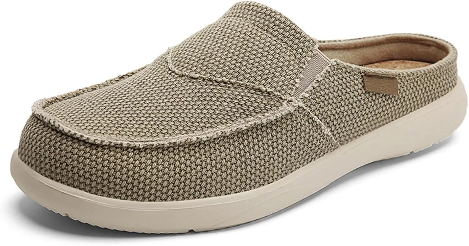 Mens Breathable Canvas Mules Elastic Band Slip-On Half Loafers Round Toe Non-Slip Casual Flat Shoes for Walking Outdoor Hiking