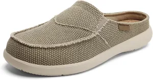 Mens Breathable Canvas Mules Elastic Band Slip-On Half Loafers Round Toe Non-Slip Casual Flat Shoes for Walking Outdoor Hiking