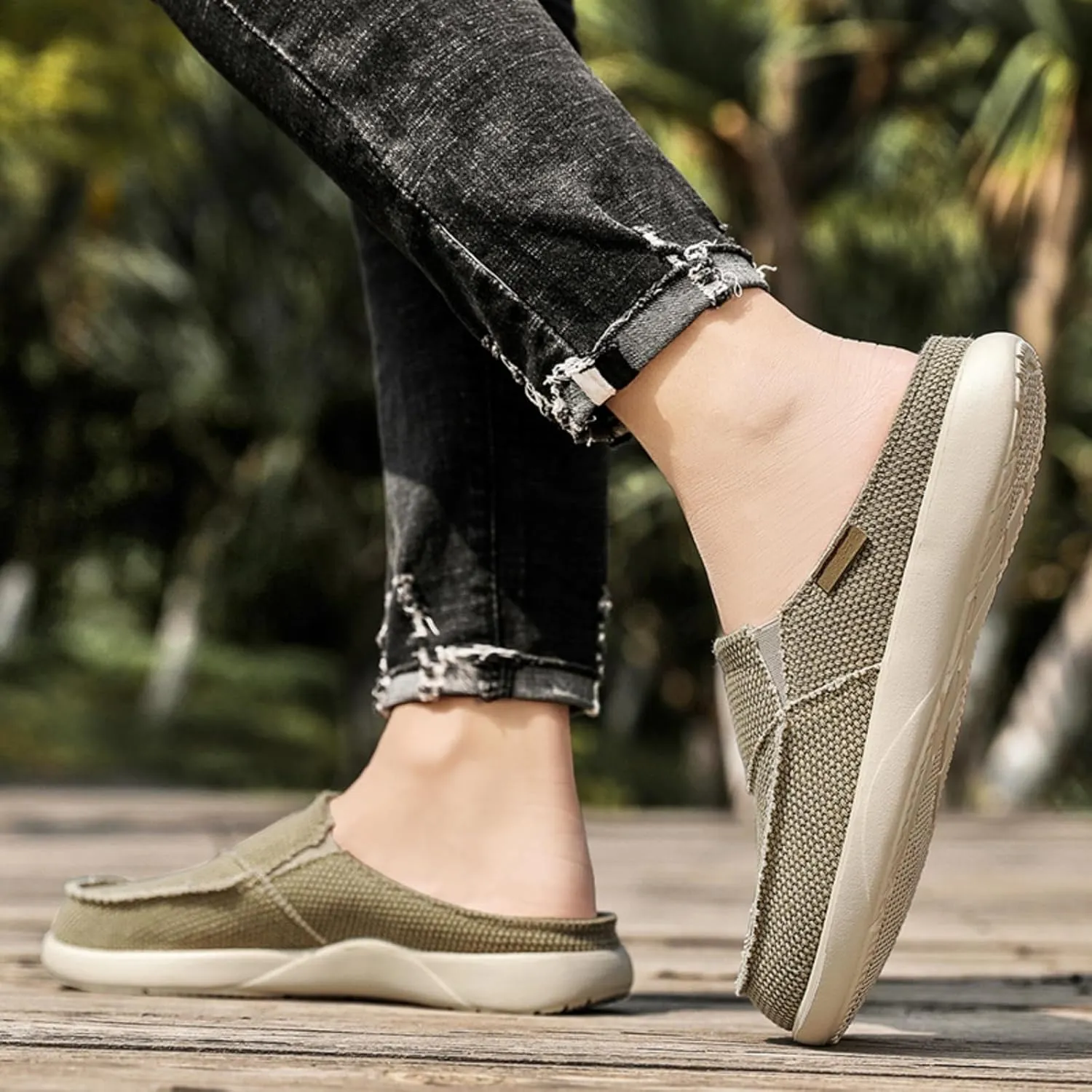 Mens Breathable Canvas Mules Elastic Band Slip-On Half Loafers Round Toe Non-Slip Casual Flat Shoes for Walking Outdoor Hiking