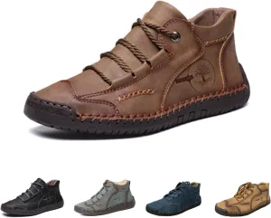 Men's Comfy Lightweight Stitching Leather Shoes, Leather Hand-Stitched Flat Mid-Cut Boots for Hiking Walking Driving (Brown,38EU)