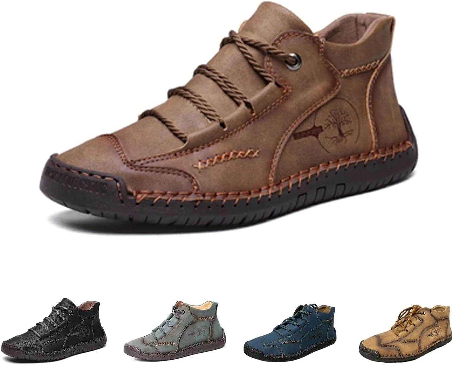 Men's Comfy Lightweight Stitching Leather Shoes, Leather Hand-Stitched Flat Mid-Cut Boots for Hiking Walking Driving (Brown,38EU)