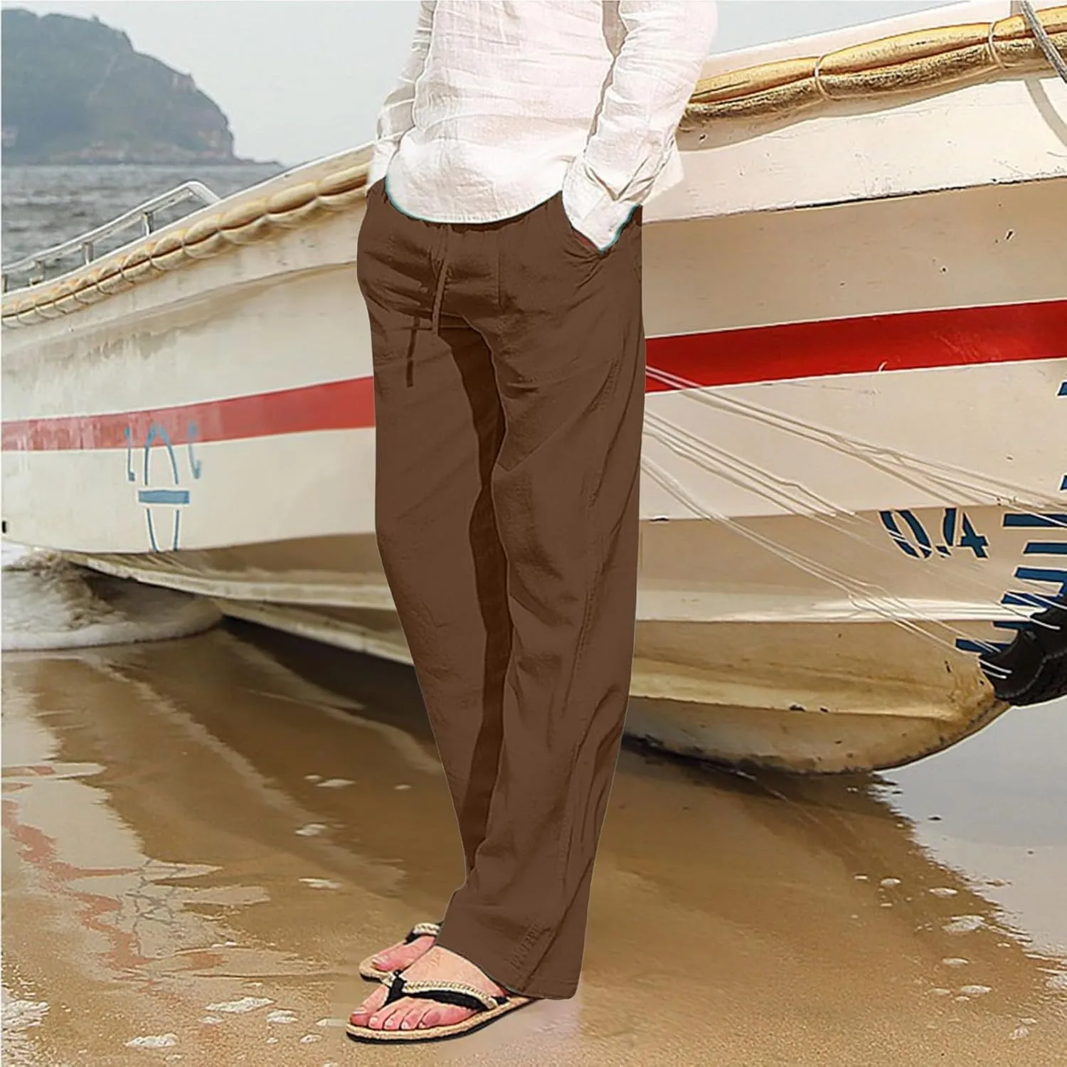 Mens Cotton Linen Pants Drawstring Elastic Waist Casual Straight Leg Pants Solid Color Summer Beach Yoga Pants with Pockets