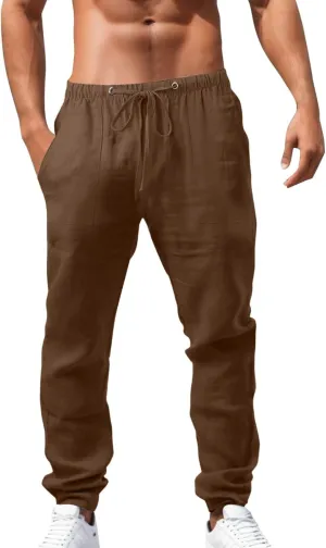Mens Cotton Linen Pants Drawstring Elastic Waist Casual Straight Leg Pants Solid Color Summer Beach Yoga Pants with Pockets