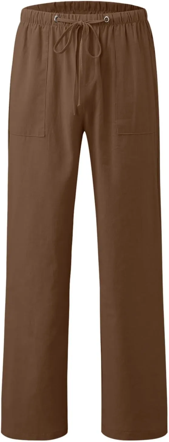 Mens Cotton Linen Pants Drawstring Elastic Waist Casual Straight Leg Pants Solid Color Summer Beach Yoga Pants with Pockets
