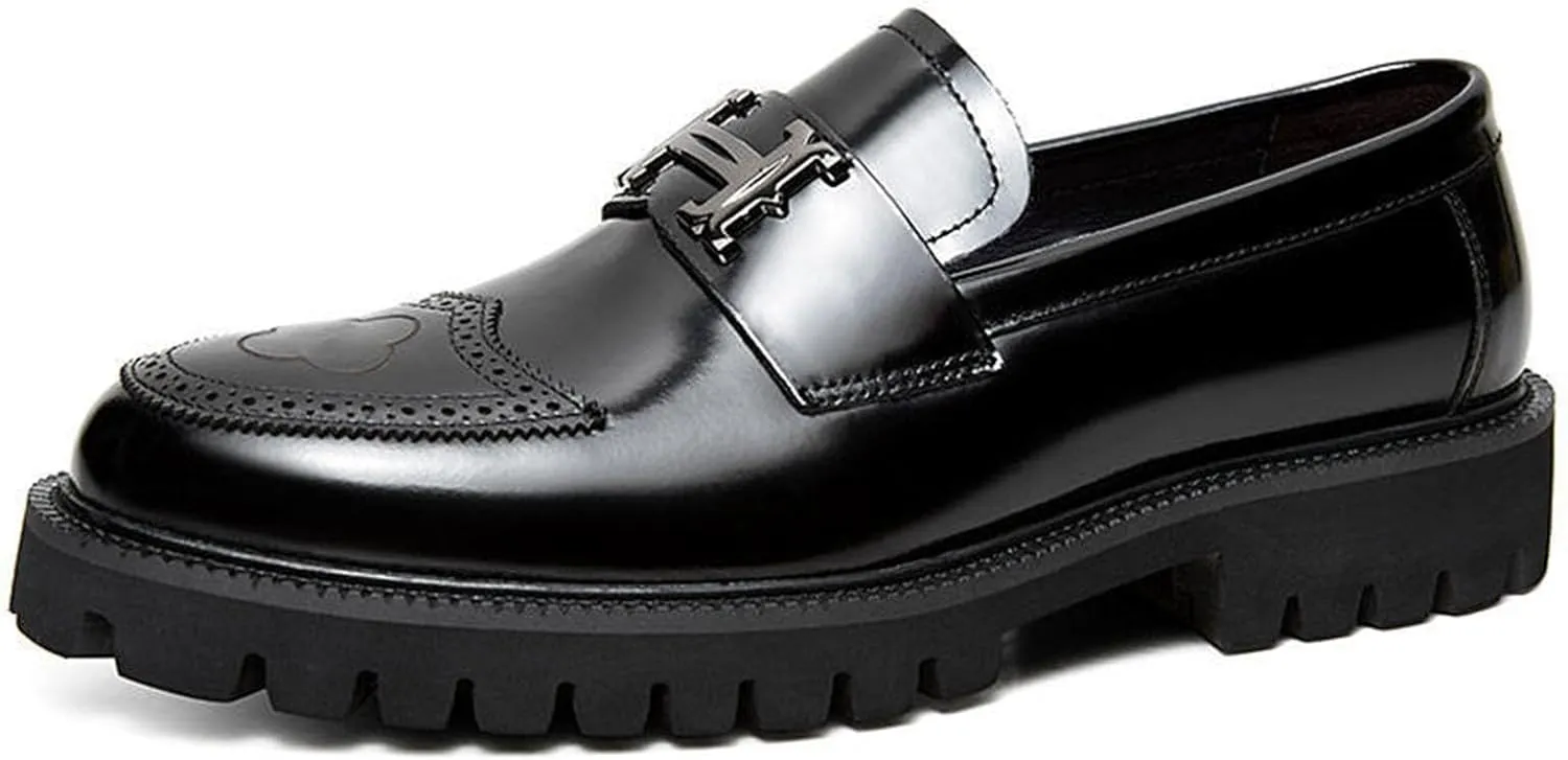 Men's Fashion Brogue Leather Lug Sole Loafers,Round Toe Platform Comfort Slip on Dress Shoes