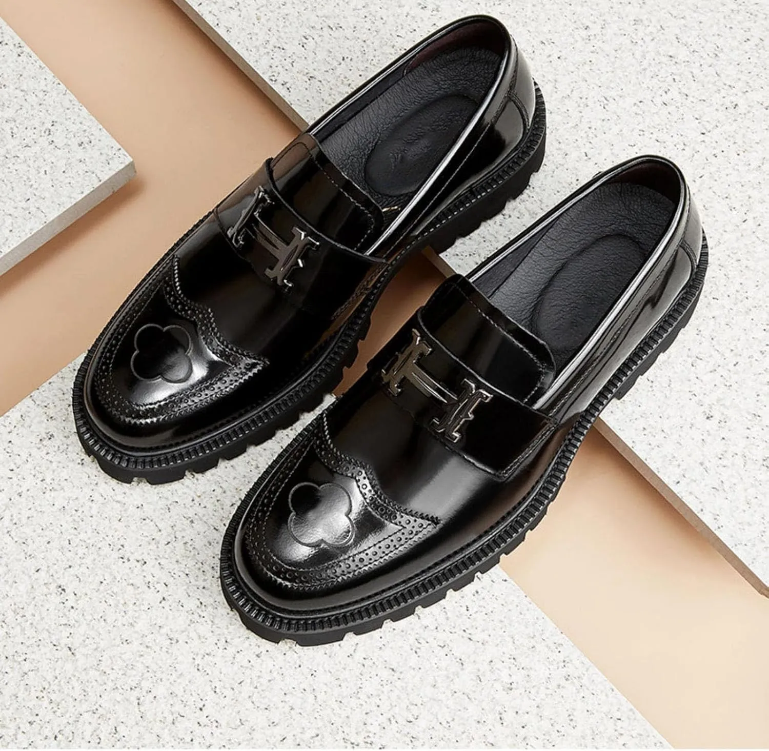 Men's Fashion Brogue Leather Lug Sole Loafers,Round Toe Platform Comfort Slip on Dress Shoes