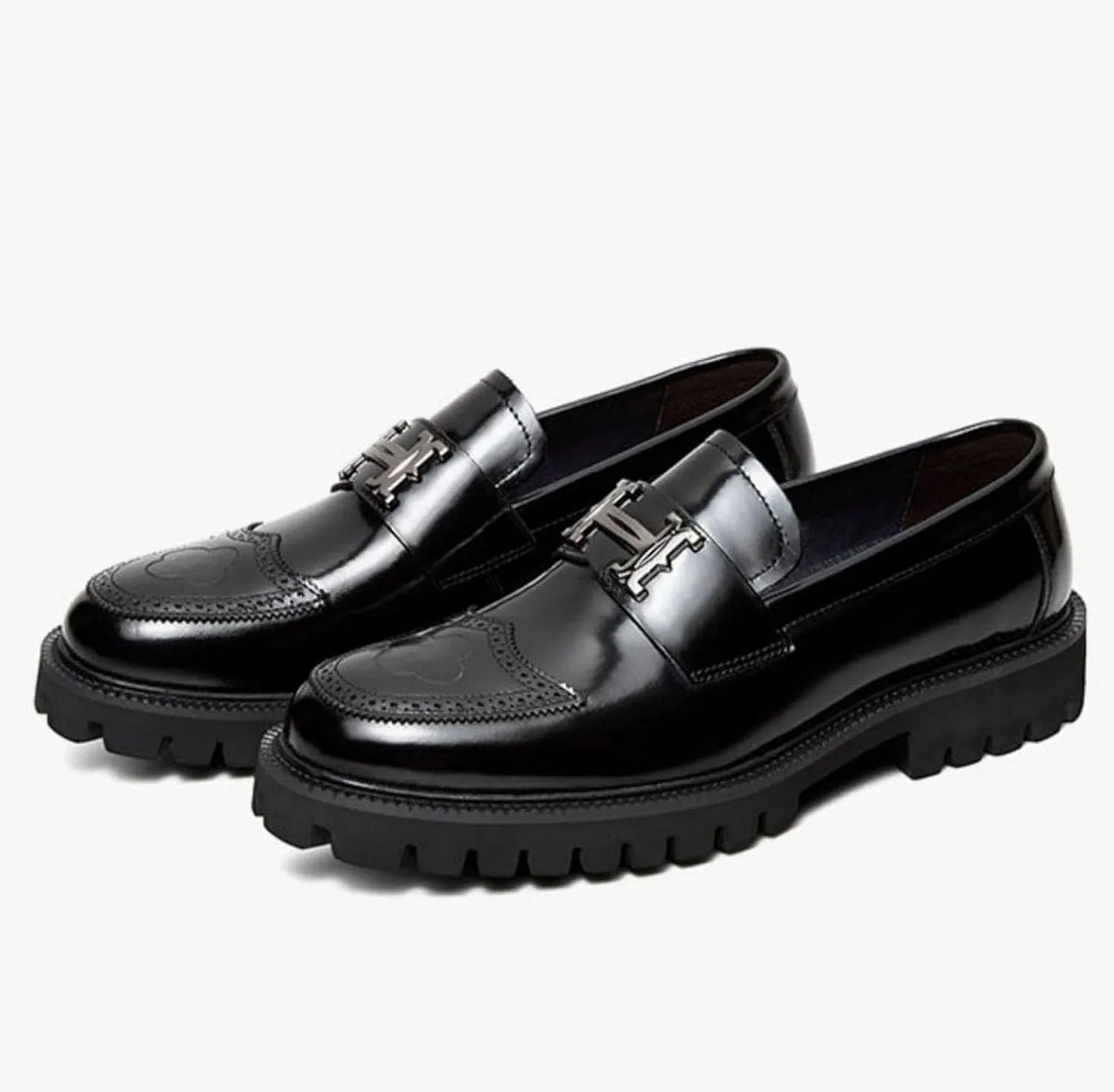 Men's Fashion Brogue Leather Lug Sole Loafers,Round Toe Platform Comfort Slip on Dress Shoes