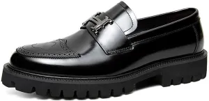 Men's Fashion Brogue Leather Lug Sole Loafers,Round Toe Platform Comfort Slip on Dress Shoes