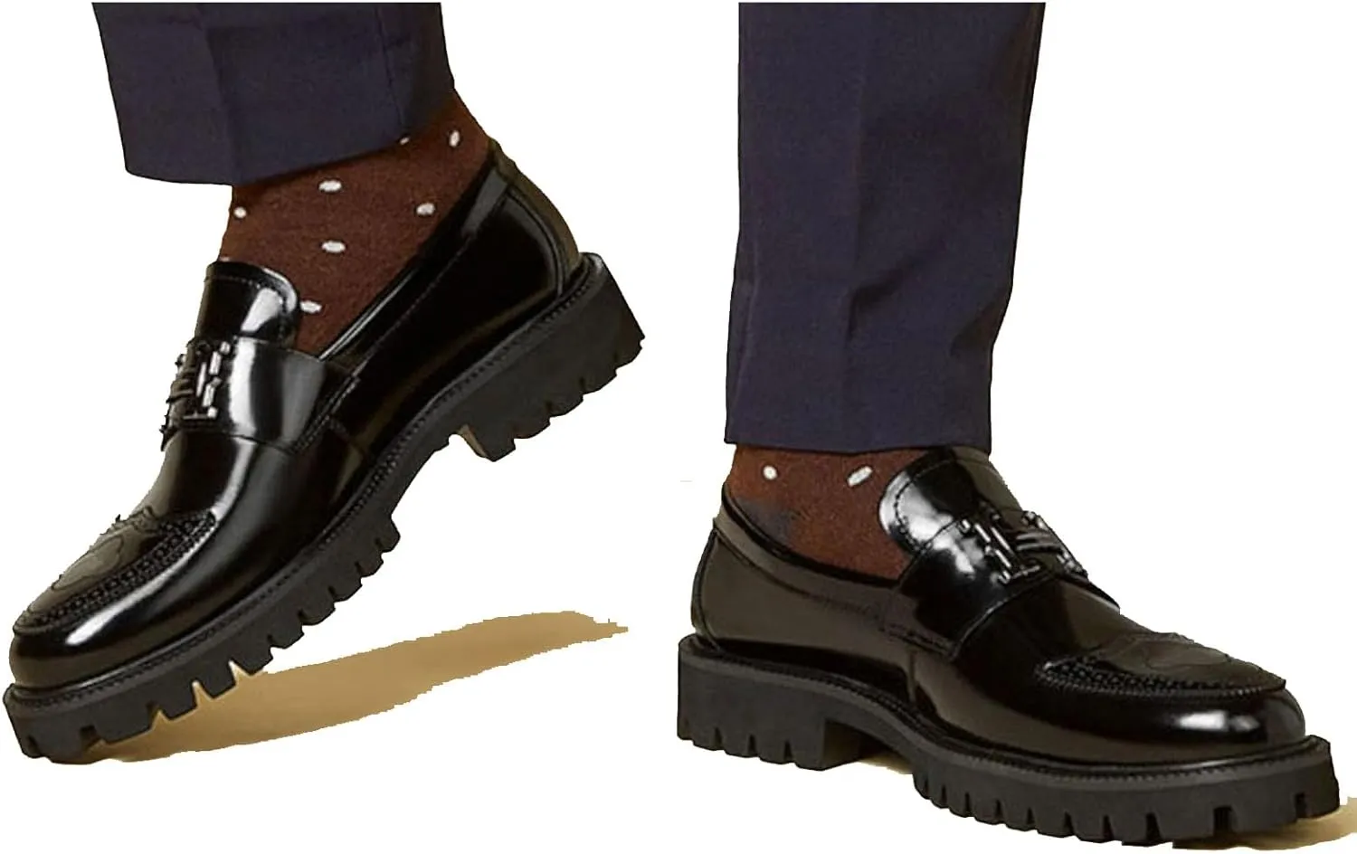 Men's Fashion Brogue Leather Lug Sole Loafers,Round Toe Platform Comfort Slip on Dress Shoes
