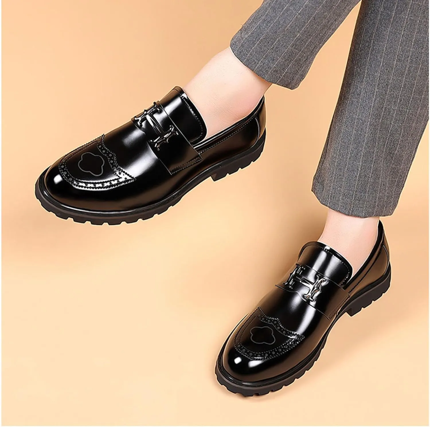 Men's Fashion Brogue Leather Lug Sole Loafers,Round Toe Platform Comfort Slip on Dress Shoes