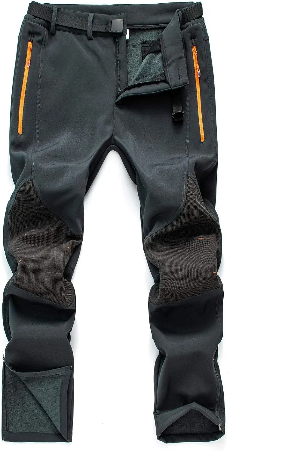 Men's Fleece Ski Pants with Belt, Waterproof Snow Hiking Pants for Snowboarding (Black, Grey)