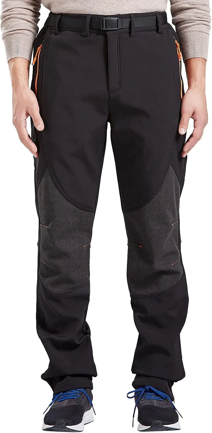 Men's Fleece Ski Pants with Belt, Waterproof Snow Hiking Pants for Snowboarding (Black, Grey)