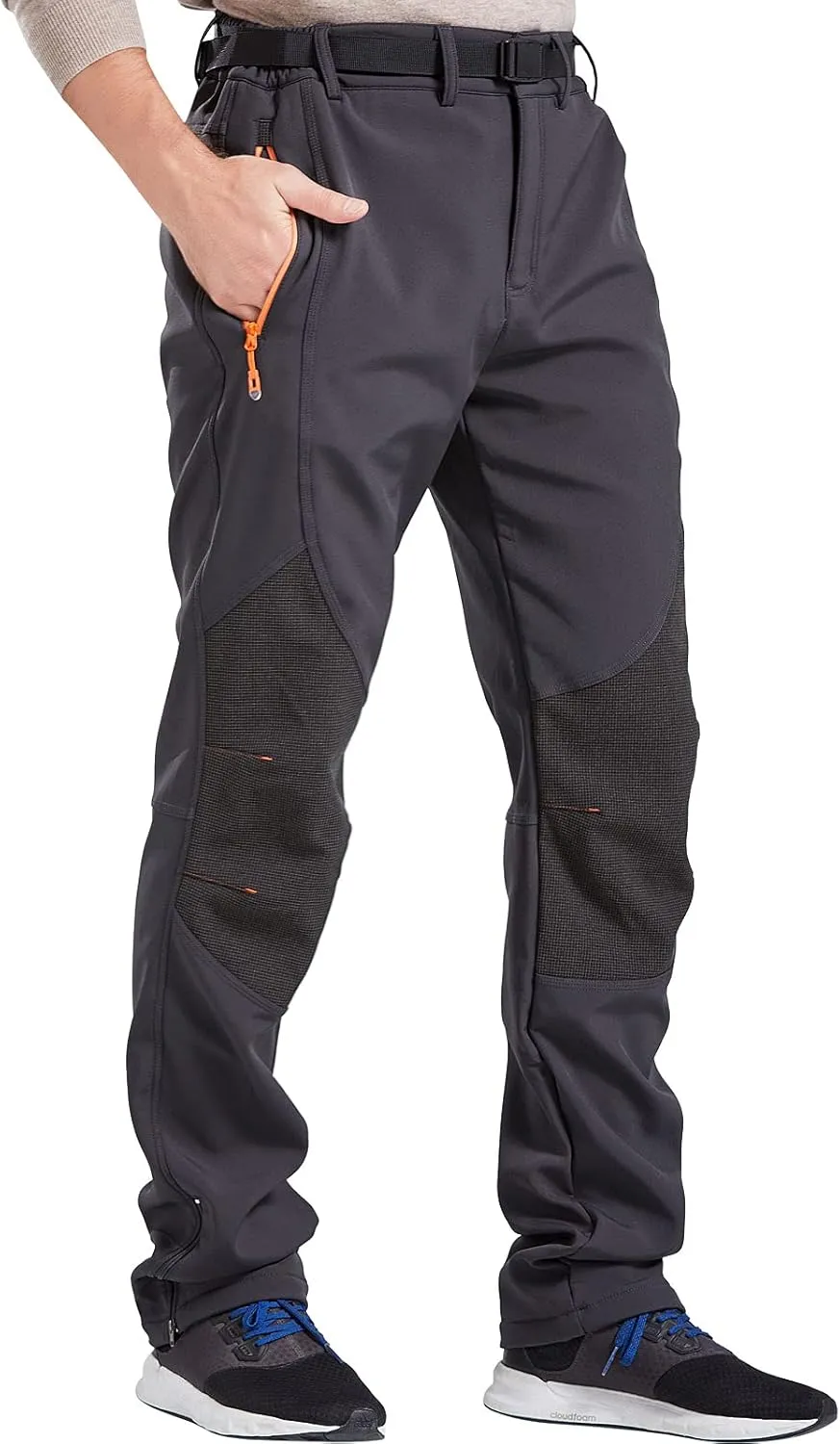 Men's Fleece Ski Pants with Belt, Waterproof Snow Hiking Pants for Snowboarding (Black, Grey)