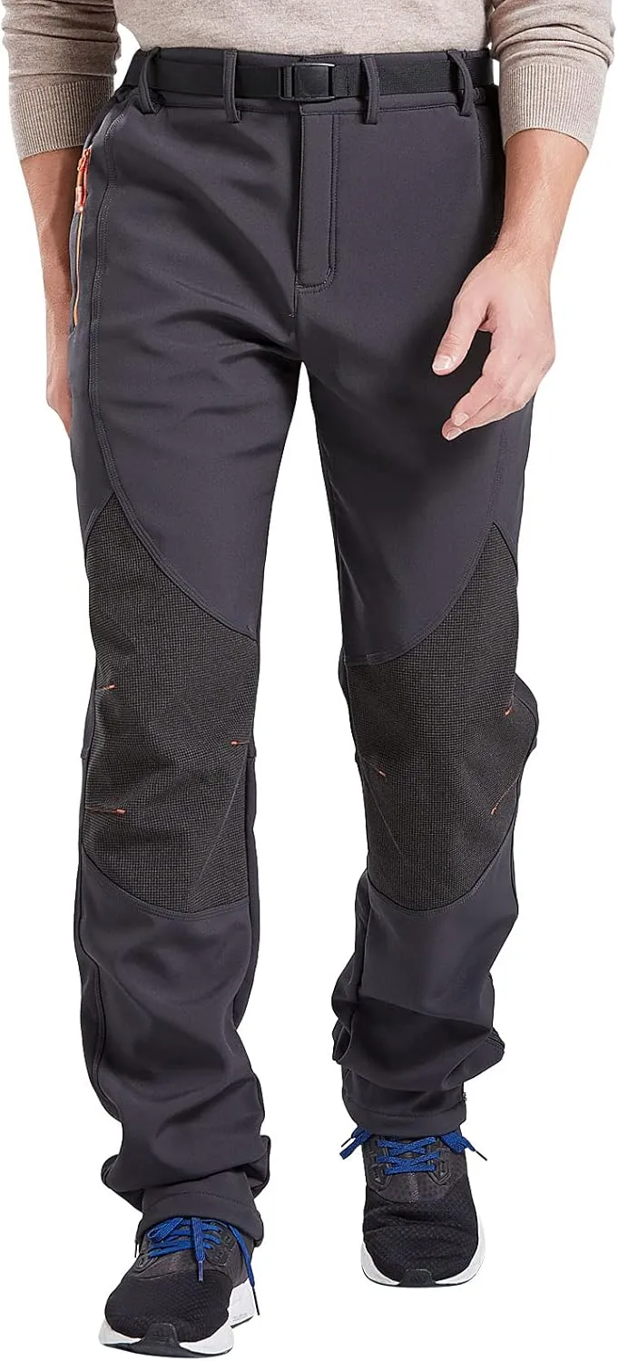Men's Fleece Ski Pants with Belt, Waterproof Snow Hiking Pants for Snowboarding (Black, Grey)