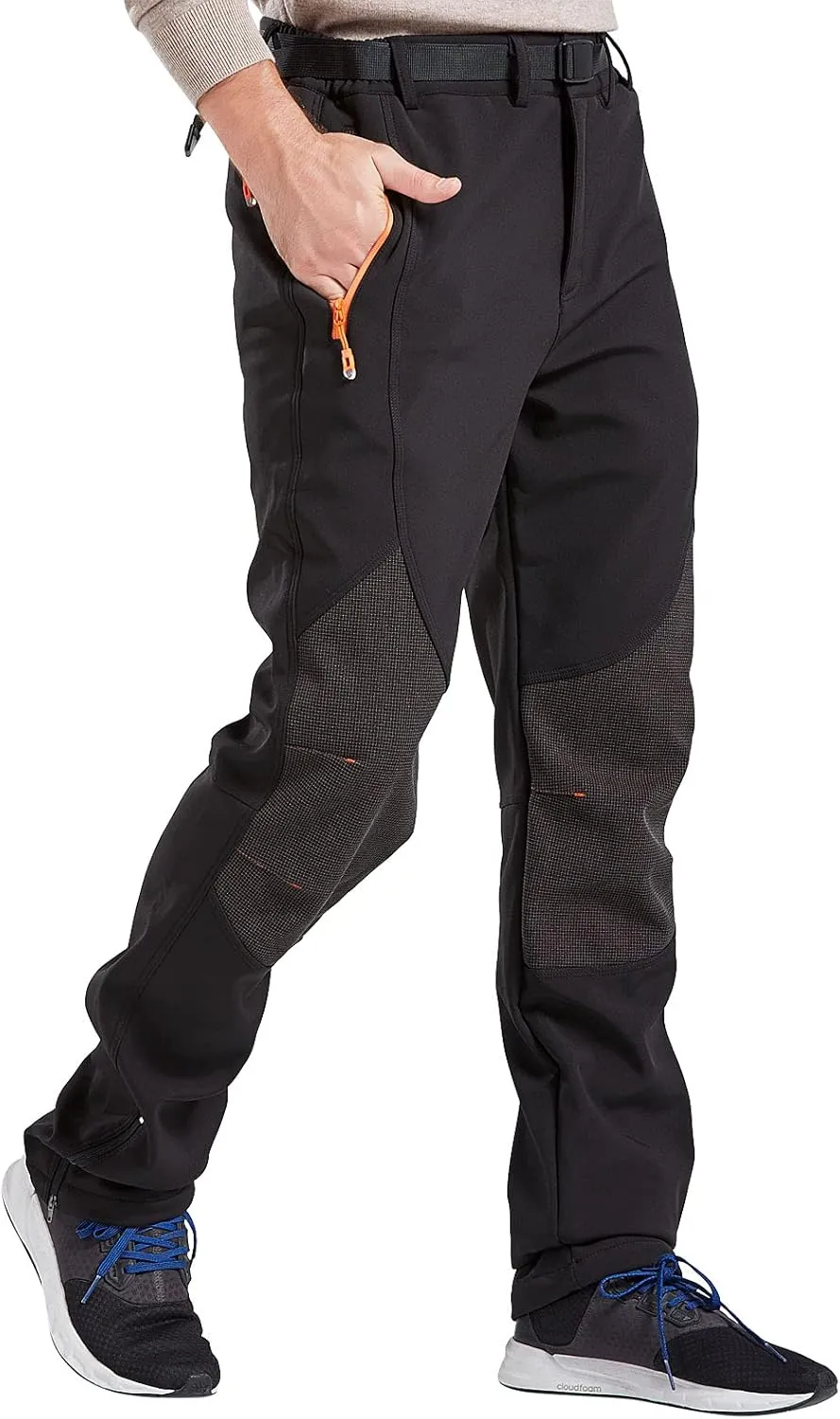 Men's Fleece Ski Pants with Belt, Waterproof Snow Hiking Pants for Snowboarding (Black, Grey)