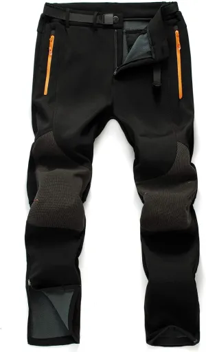 Men's Fleece Ski Pants with Belt, Waterproof Snow Hiking Pants for Snowboarding (Black, Grey)