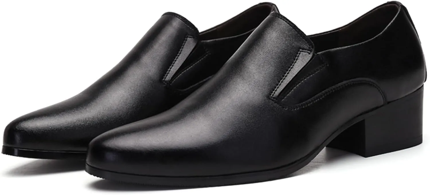 Men's Genuine Leather Chunky Heel Dress Loafers Fashion Classic Pointed Toe Low Top High Heel Slip On Oxford Shoes Casual Business Office Wedding Formal Shoes