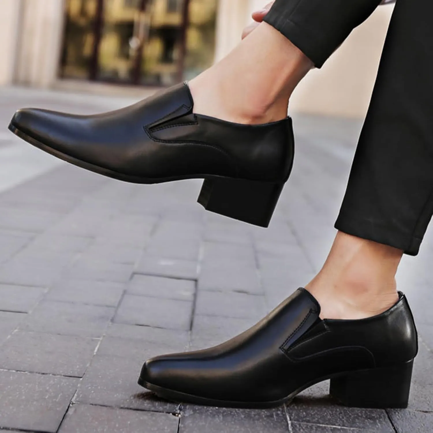 Men's Genuine Leather Chunky Heel Dress Loafers Fashion Classic Pointed Toe Low Top High Heel Slip On Oxford Shoes Casual Business Office Wedding Formal Shoes