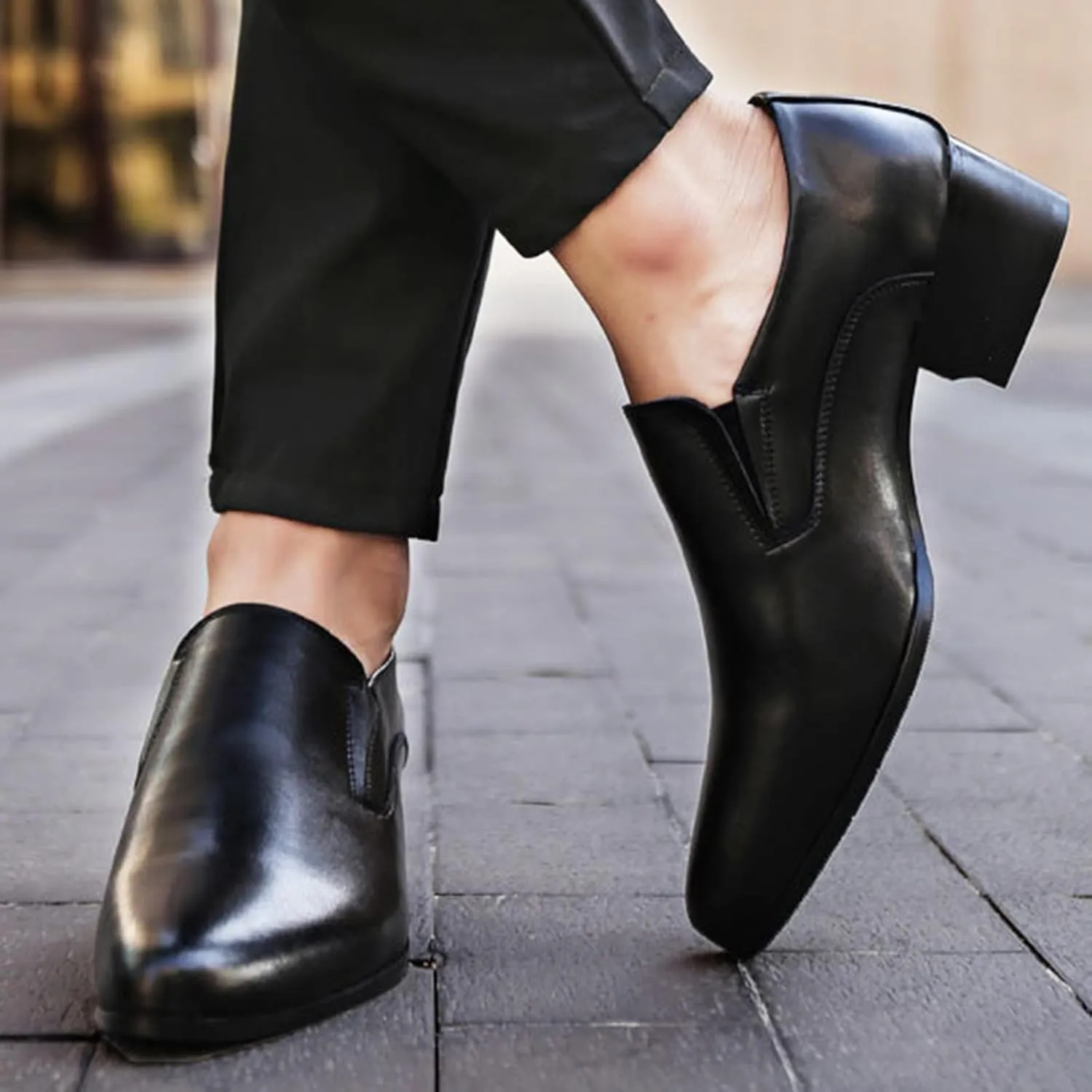 Men's Genuine Leather Chunky Heel Dress Loafers Fashion Classic Pointed Toe Low Top High Heel Slip On Oxford Shoes Casual Business Office Wedding Formal Shoes