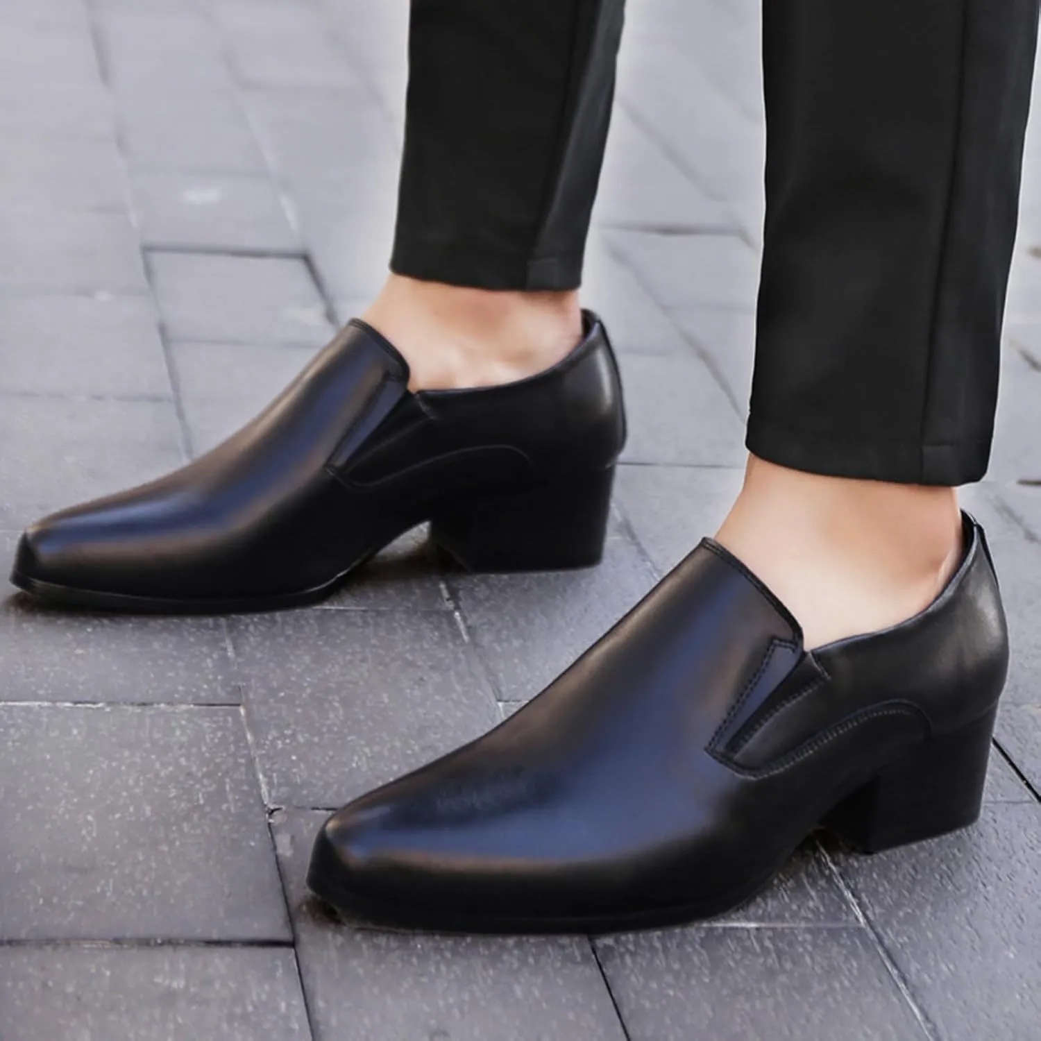 Men's Genuine Leather Chunky Heel Dress Loafers Fashion Classic Pointed Toe Low Top High Heel Slip On Oxford Shoes Casual Business Office Wedding Formal Shoes