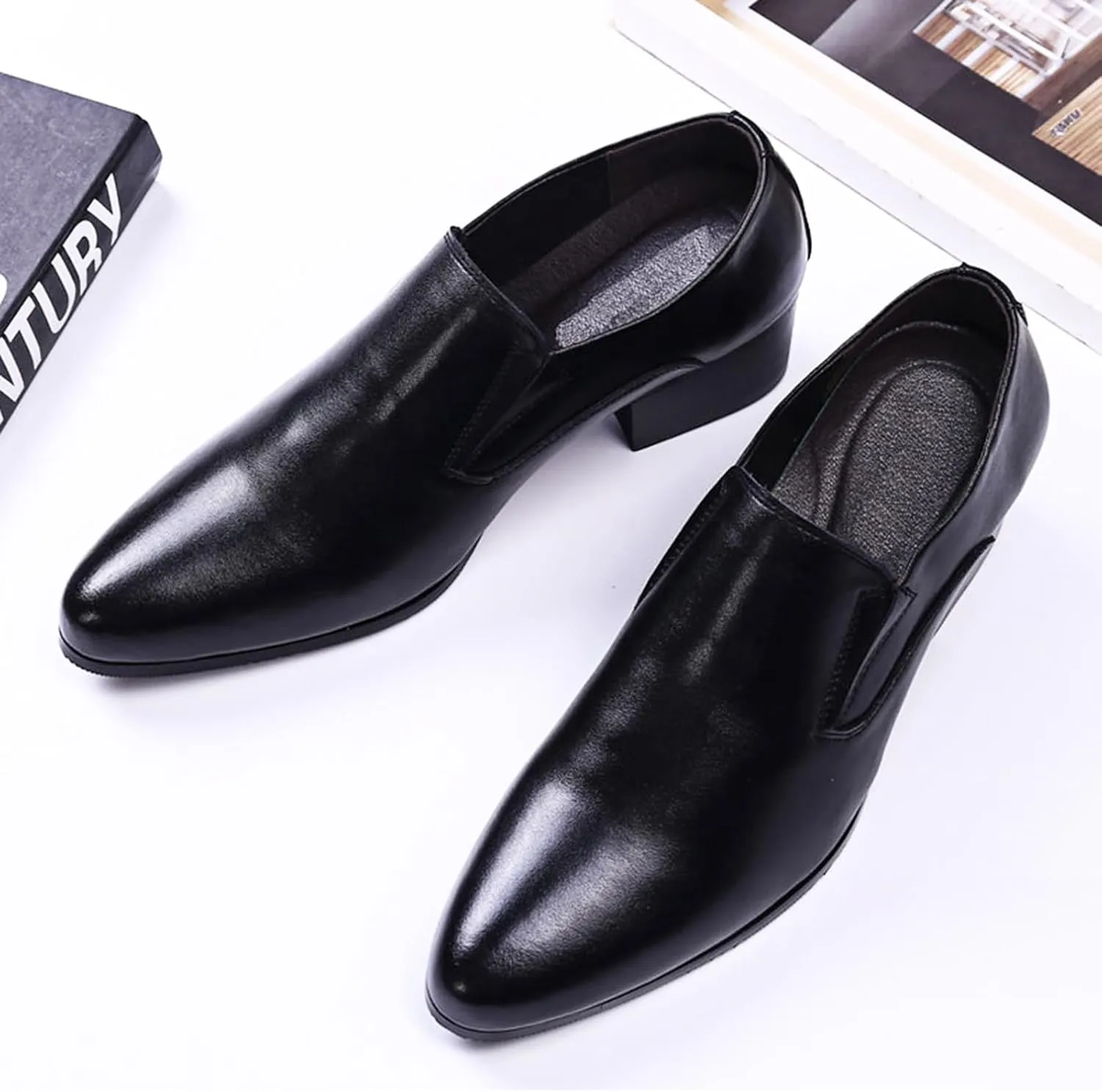 Men's Genuine Leather Chunky Heel Dress Loafers Fashion Classic Pointed Toe Low Top High Heel Slip On Oxford Shoes Casual Business Office Wedding Formal Shoes