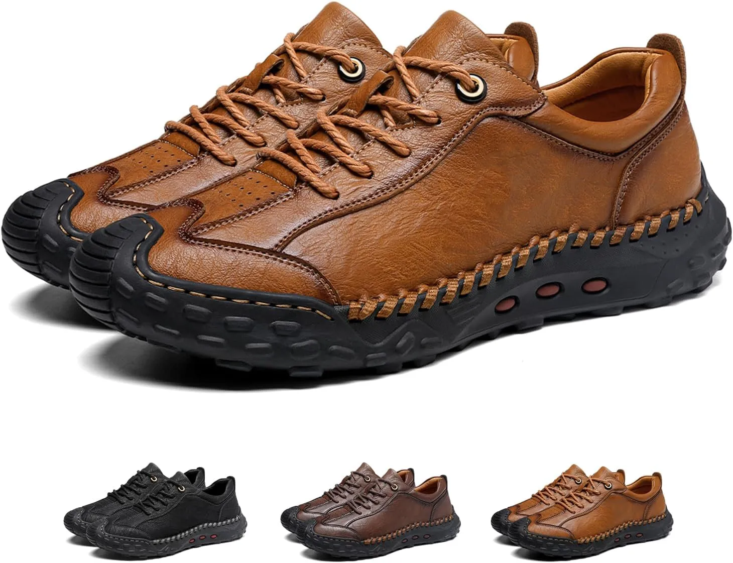 Men's Genuine Leather Handmade Stitching Casual Loafers for Hiking Camping & Driving Retro Anti-Collision Round Toe Lace Up Outdoor Walking Shoes Comfortable Lightweight Fashion Sneakers