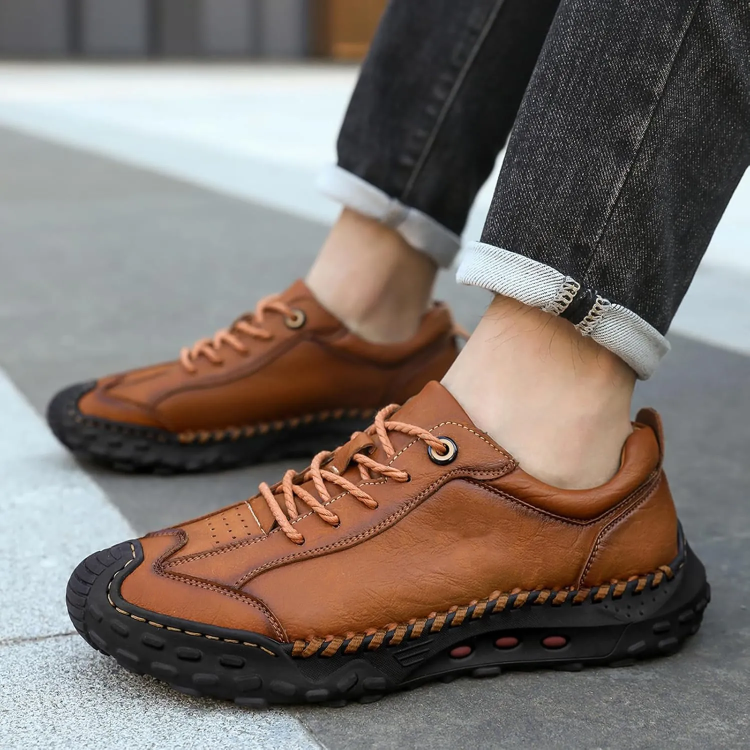 Men's Genuine Leather Handmade Stitching Casual Loafers for Hiking Camping & Driving Retro Anti-Collision Round Toe Lace Up Outdoor Walking Shoes Comfortable Lightweight Fashion Sneakers