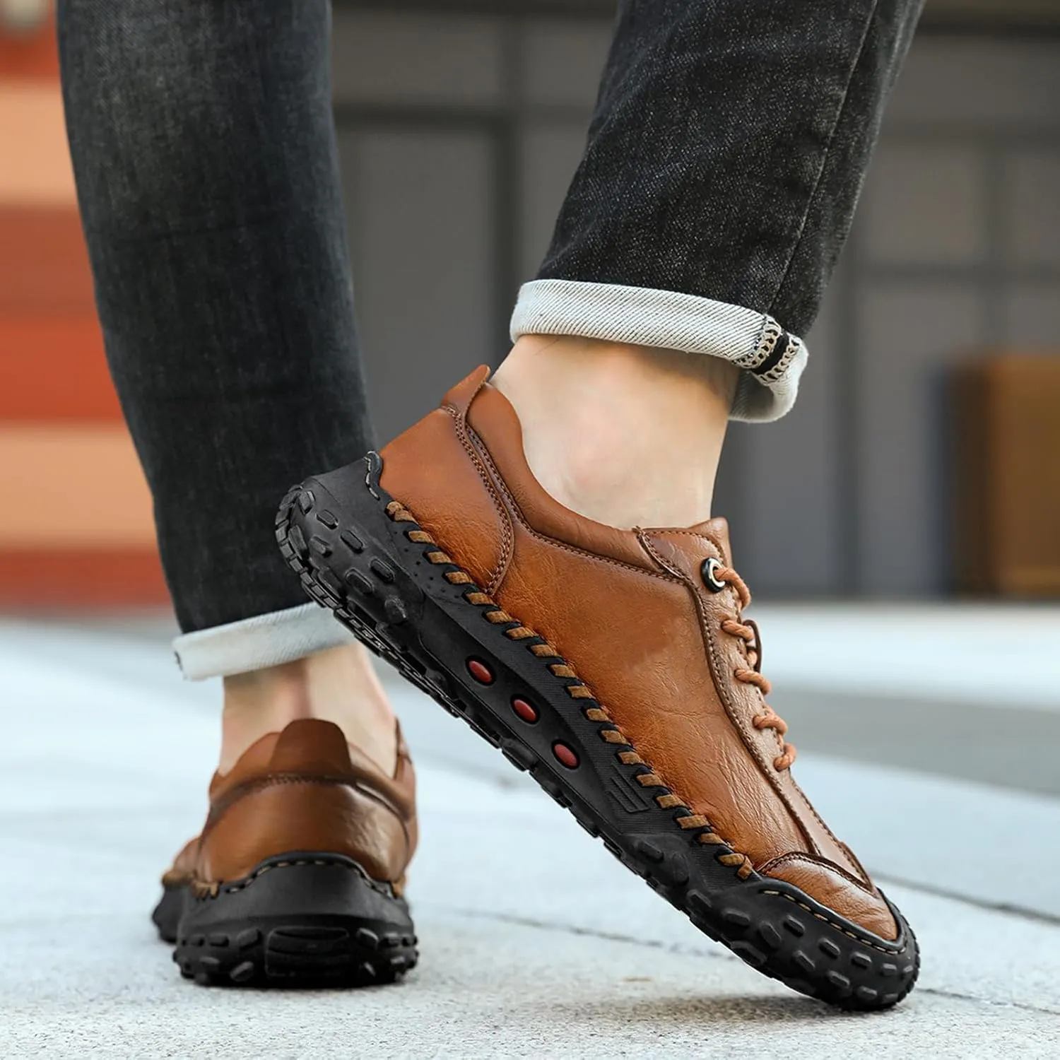 Men's Genuine Leather Handmade Stitching Casual Loafers for Hiking Camping & Driving Retro Anti-Collision Round Toe Lace Up Outdoor Walking Shoes Comfortable Lightweight Fashion Sneakers