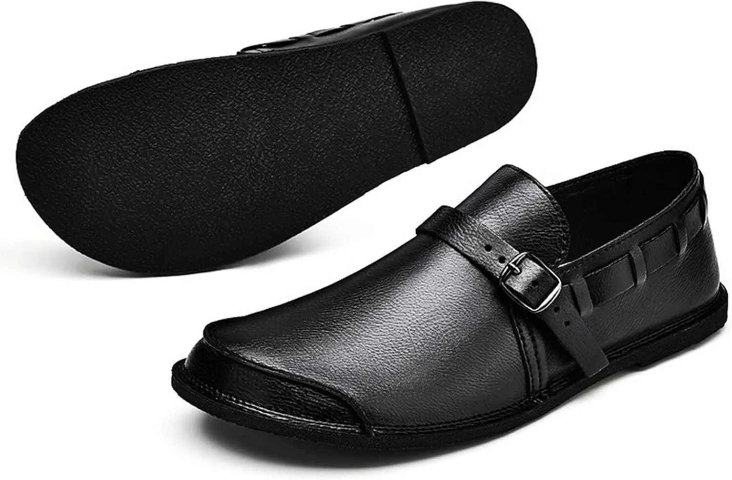 Men's Genuine Leather Monk Buckle Casual Slip-On Loafers Comfort Classic Hand-Sewn Round Head Wide Toe Oxford Walking Shoes Fashion Driving Business Dress Shoes