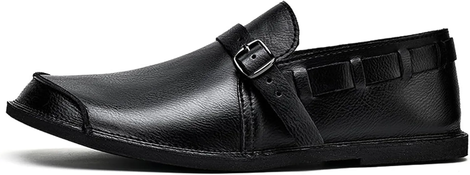 Men's Genuine Leather Monk Buckle Casual Slip-On Loafers Comfort Classic Hand-Sewn Round Head Wide Toe Oxford Walking Shoes Fashion Driving Business Dress Shoes