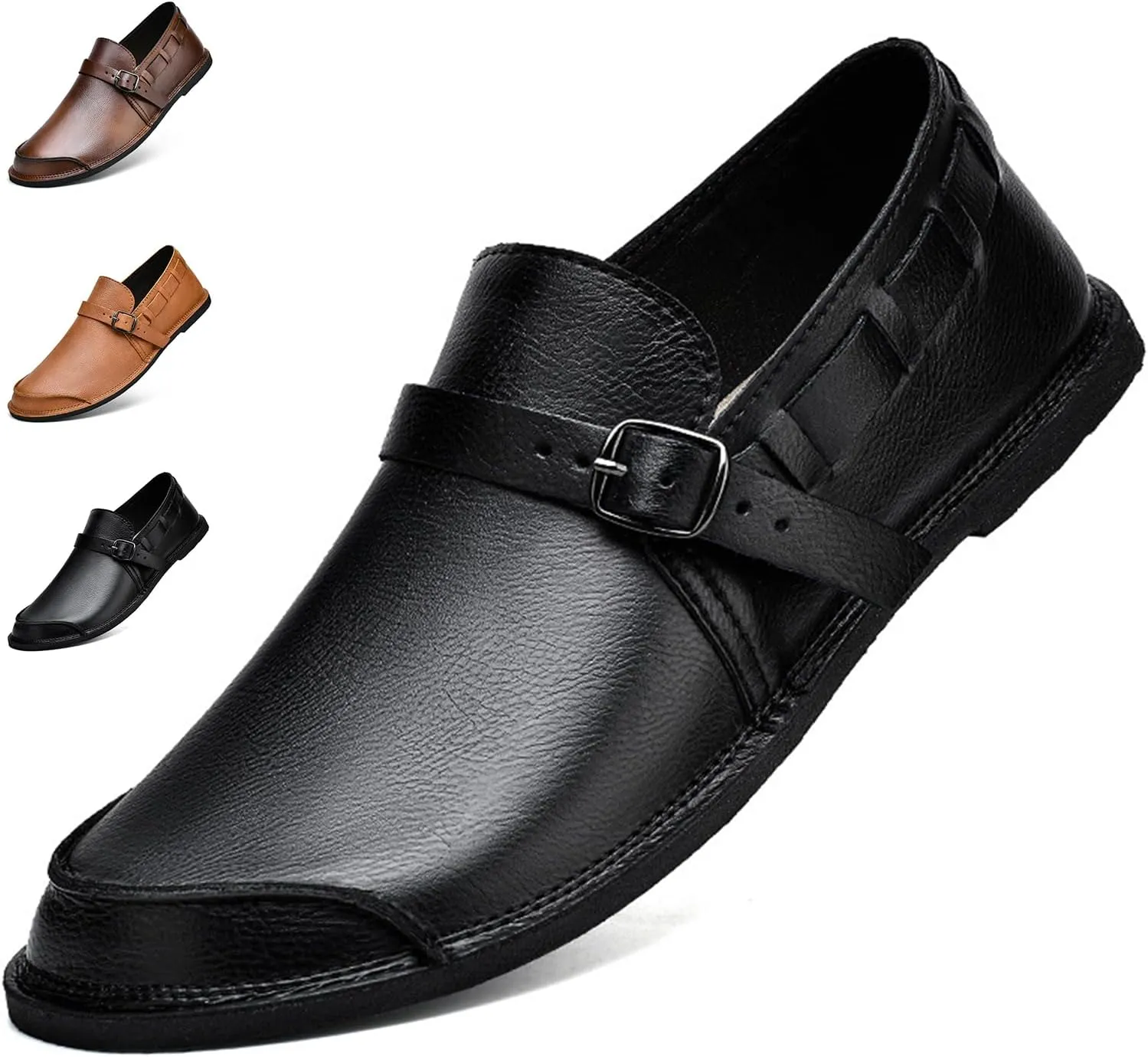 Men's Genuine Leather Monk Buckle Casual Slip-On Loafers Comfort Classic Hand-Sewn Round Head Wide Toe Oxford Walking Shoes Fashion Driving Business Dress Shoes