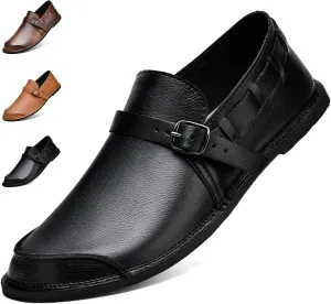 Men's Genuine Leather Monk Buckle Casual Slip-On Loafers Comfort Classic Hand-Sewn Round Head Wide Toe Oxford Walking Shoes Fashion Driving Business Dress Shoes