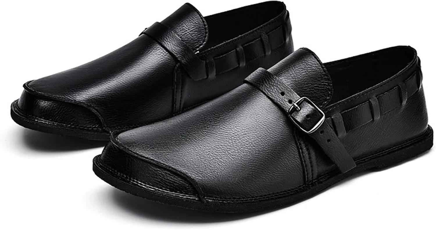 Men's Genuine Leather Monk Buckle Casual Slip-On Loafers Comfort Classic Hand-Sewn Round Head Wide Toe Oxford Walking Shoes Fashion Driving Business Dress Shoes