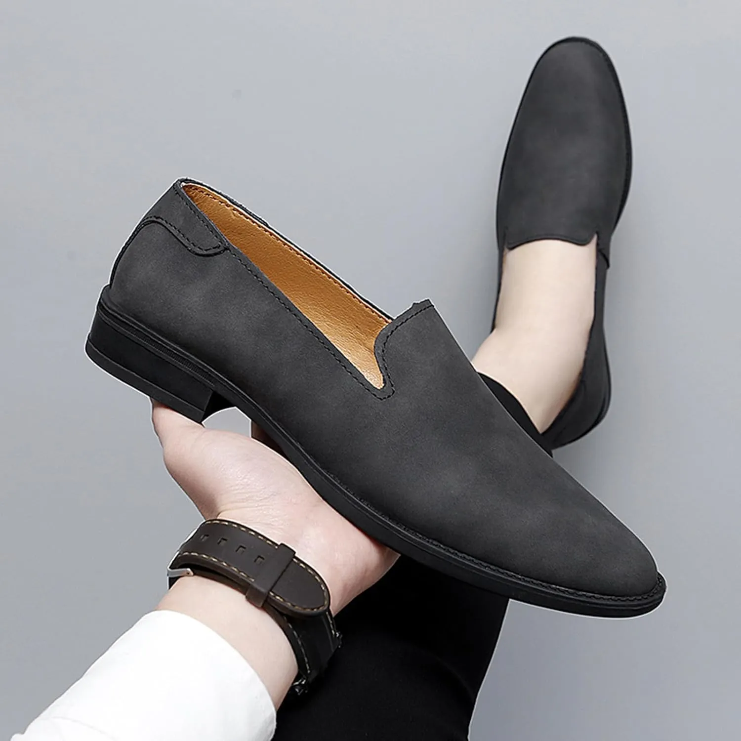 Men's Genuine Leather Slip On Dress Oxford Loafers Classic Simple Cap Toe Low Top Driving Shoes Lightweight Casual Business Formal Shoes