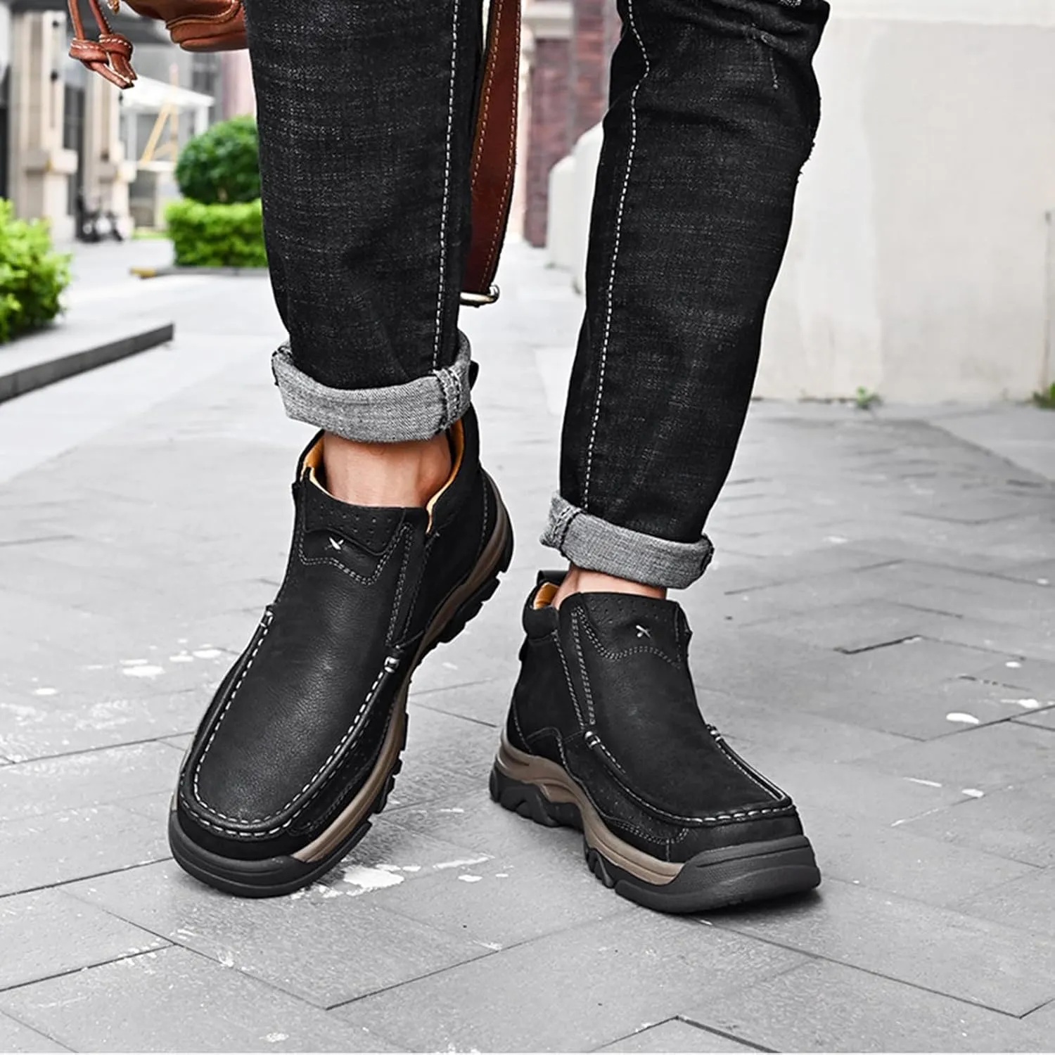 Men's Genuine Leather Slip On High Top Loafers Retro Casual Non Slip Comfy Ankle Boots for Outdoor Hiking Camping Driving Work Chukka Oxfords