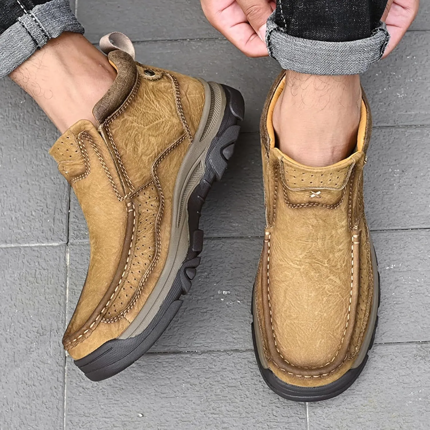 Men's Genuine Leather Slip On High Top Loafers Retro Casual Non Slip Comfy Ankle Boots for Outdoor Hiking Camping Driving Work Chukka Oxfords