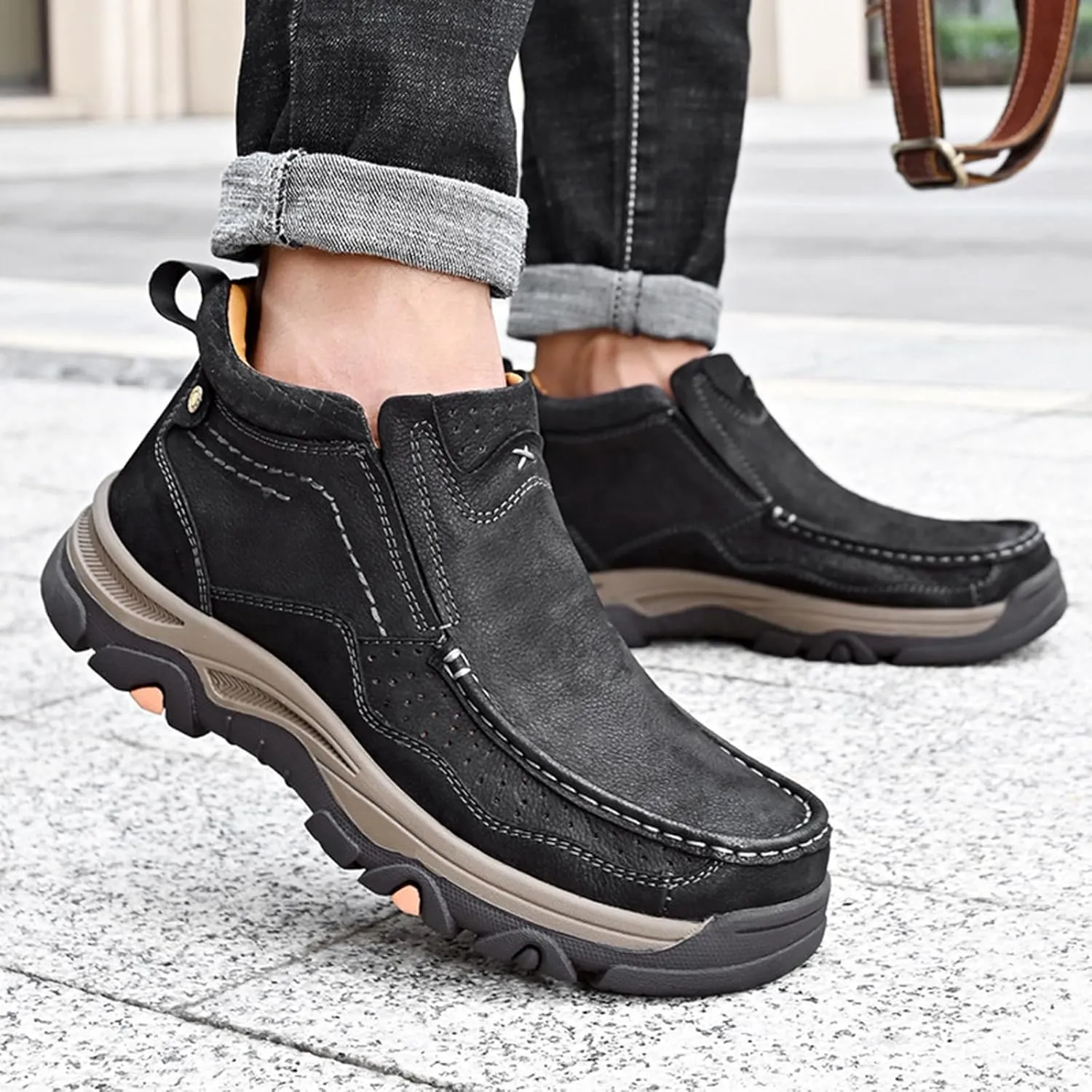 Men's Genuine Leather Slip On High Top Loafers Retro Casual Non Slip Comfy Ankle Boots for Outdoor Hiking Camping Driving Work Chukka Oxfords
