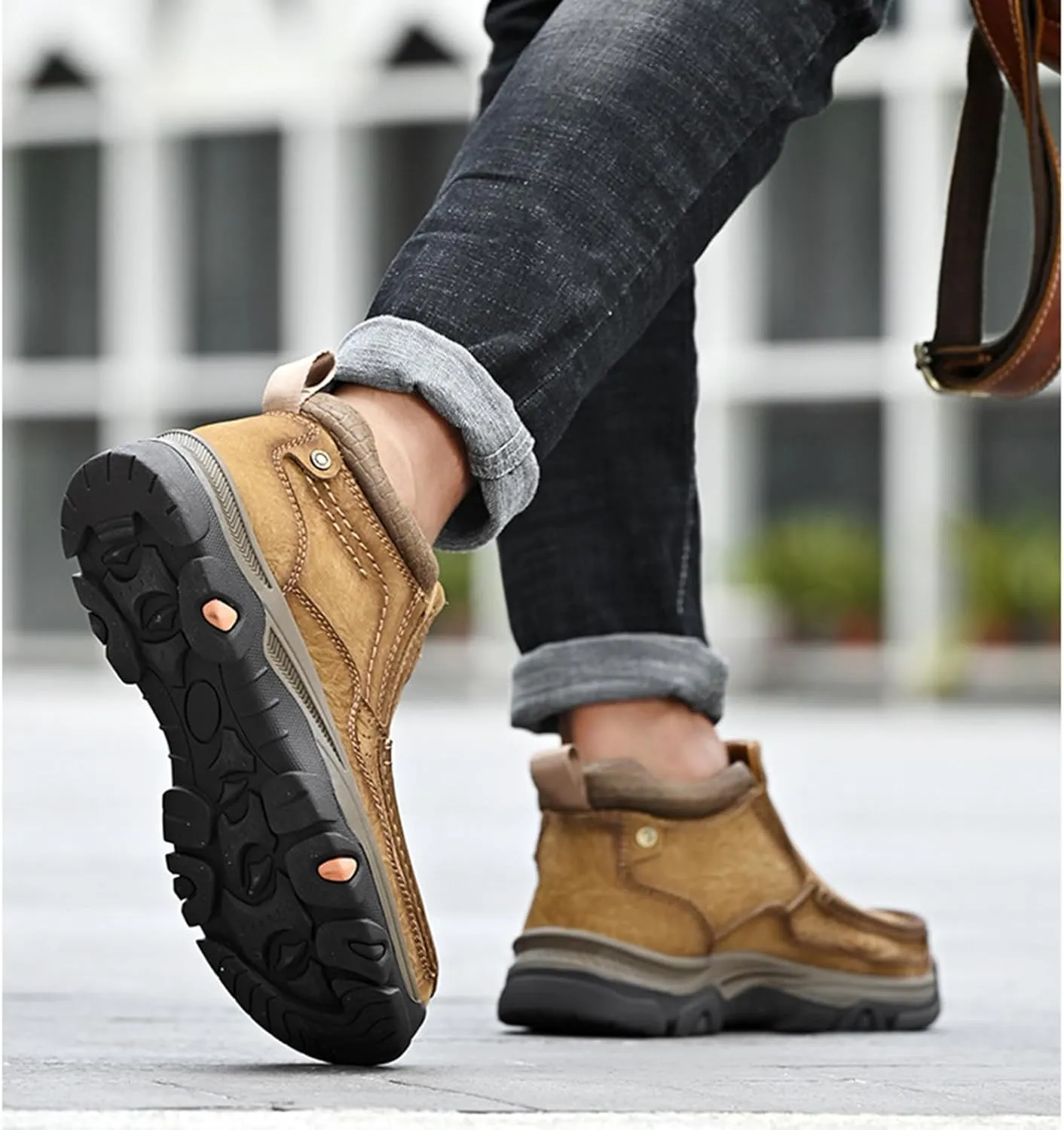 Men's Genuine Leather Slip On High Top Loafers Retro Casual Non Slip Comfy Ankle Boots for Outdoor Hiking Camping Driving Work Chukka Oxfords