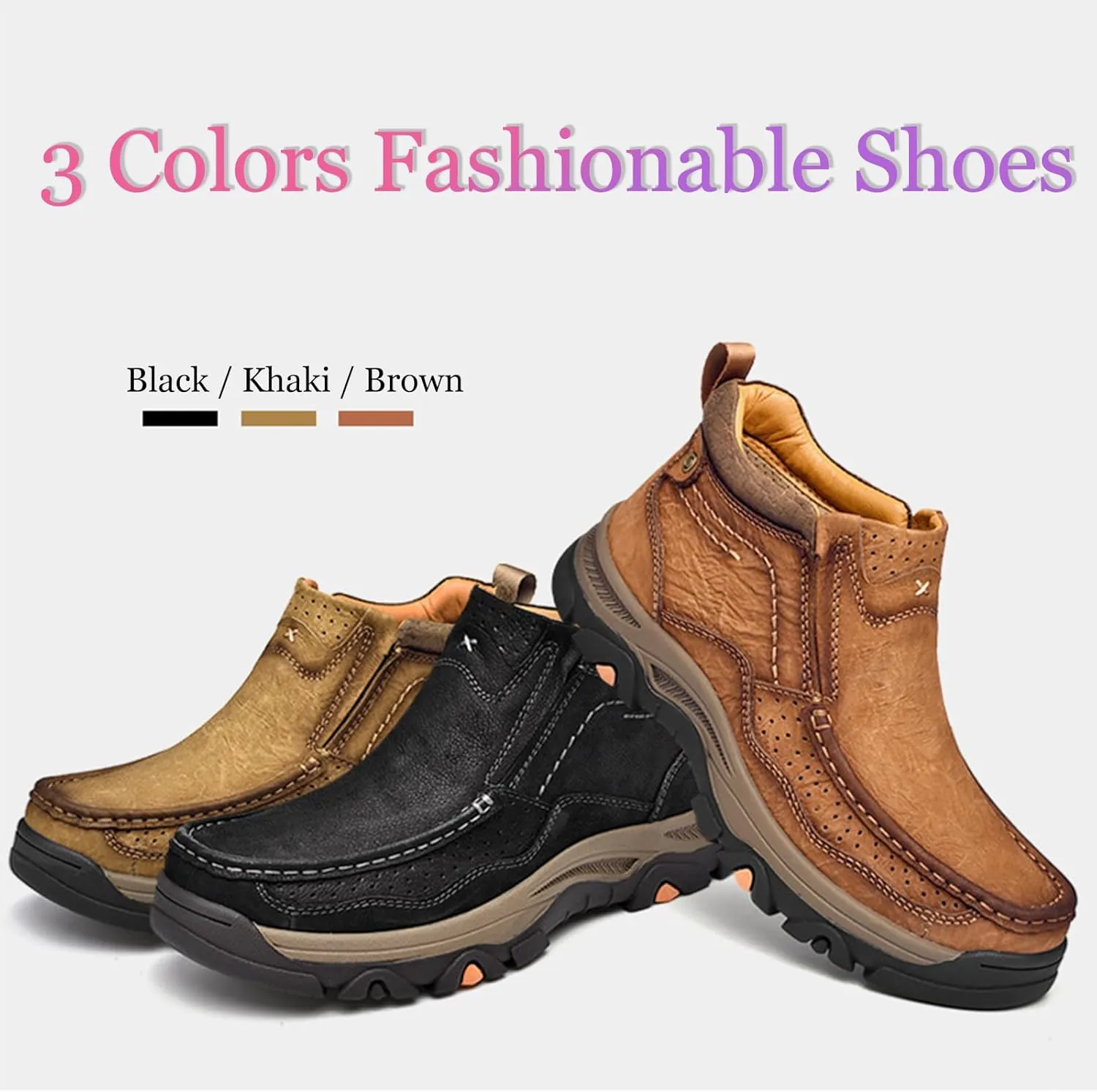 Men's Genuine Leather Slip On High Top Loafers Retro Casual Non Slip Comfy Ankle Boots for Outdoor Hiking Camping Driving Work Chukka Oxfords