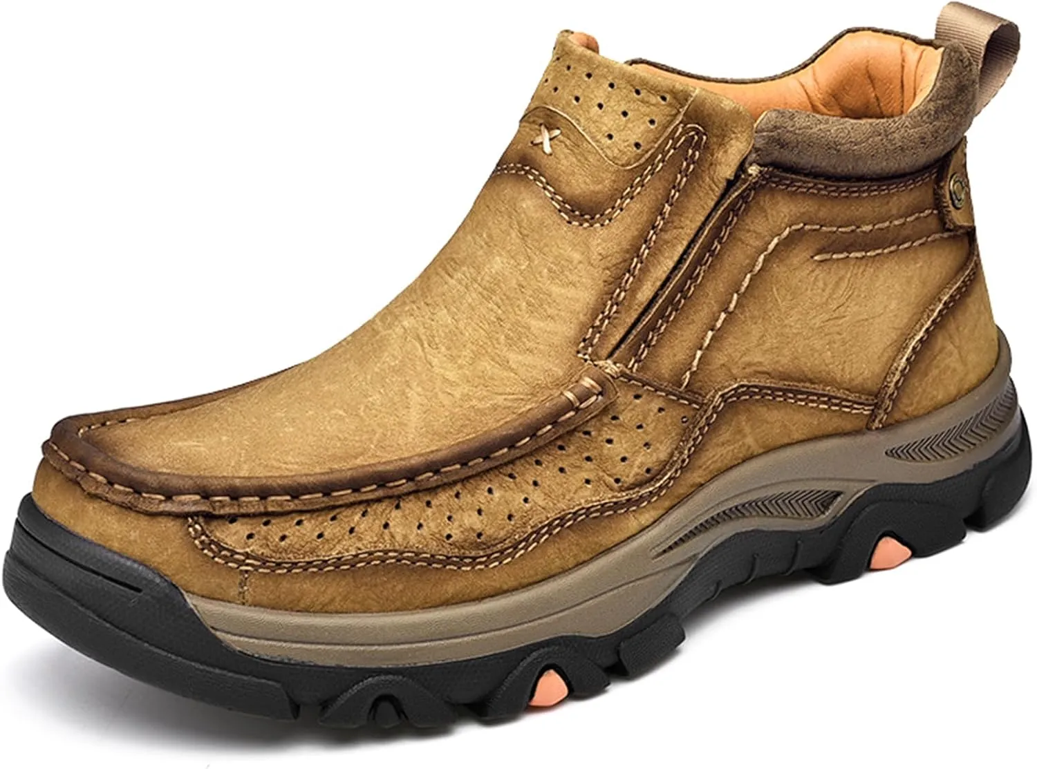 Men's Genuine Leather Slip On High Top Loafers Retro Casual Non Slip Comfy Ankle Boots for Outdoor Hiking Camping Driving Work Chukka Oxfords