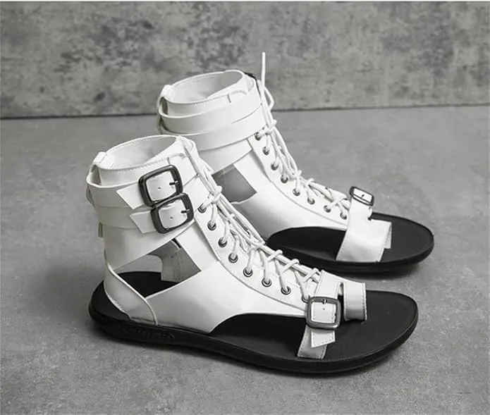 Men's Gladiator Sandals Summer Outdoor Non-Slip Beach Sandals Shoes Clip Toe Flip-Flops Flats Summer High Top Lace-Up Buckle Sandals Leather Roman Sandals Zipper Shoes for Walking Hiking