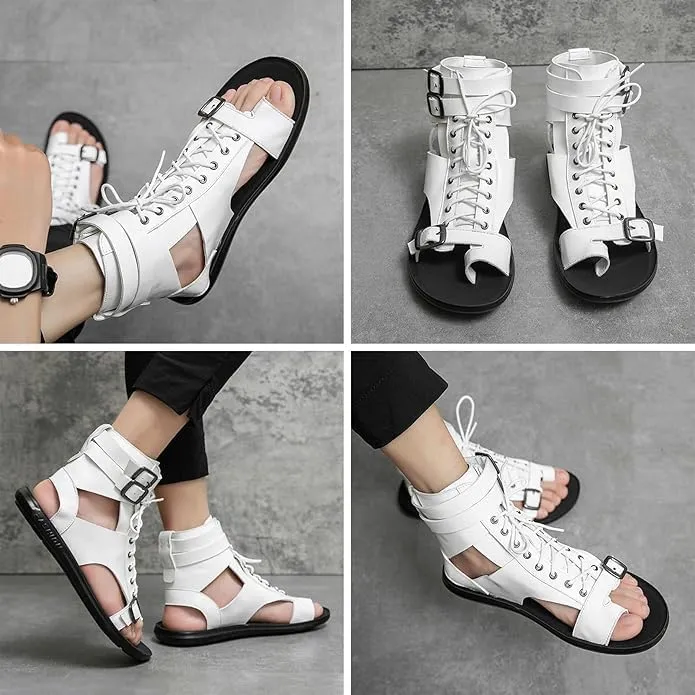 Men's Gladiator Sandals Summer Outdoor Non-Slip Beach Sandals Shoes Clip Toe Flip-Flops Flats Summer High Top Lace-Up Buckle Sandals Leather Roman Sandals Zipper Shoes for Walking Hiking