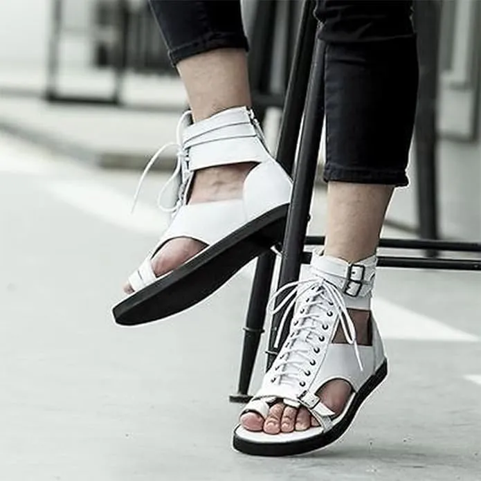 Men's Gladiator Sandals Summer Outdoor Non-Slip Beach Sandals Shoes Clip Toe Flip-Flops Flats Summer High Top Lace-Up Buckle Sandals Leather Roman Sandals Zipper Shoes for Walking Hiking