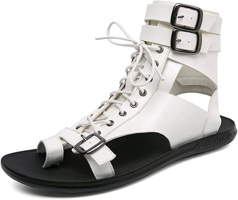 Men's Gladiator Sandals Summer Outdoor Non-Slip Beach Sandals Shoes Clip Toe Flip-Flops Flats Summer High Top Lace-Up Buckle Sandals Leather Roman Sandals Zipper Shoes for Walking Hiking