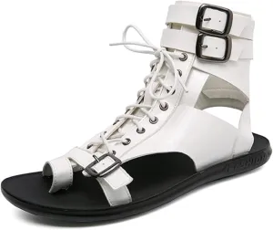 Men's Gladiator Sandals Summer Outdoor Non-Slip Beach Sandals Shoes Clip Toe Flip-Flops Flats Summer High Top Lace-Up Buckle Sandals Leather Roman Sandals Zipper Shoes for Walking Hiking