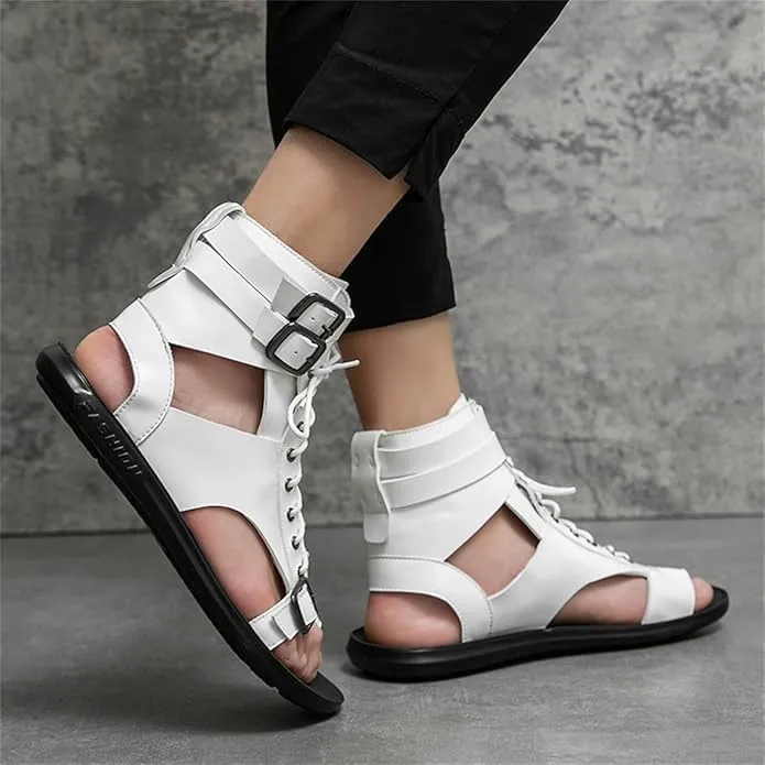 Men's Gladiator Sandals Summer Outdoor Non-Slip Beach Sandals Shoes Clip Toe Flip-Flops Flats Summer High Top Lace-Up Buckle Sandals Leather Roman Sandals Zipper Shoes for Walking Hiking