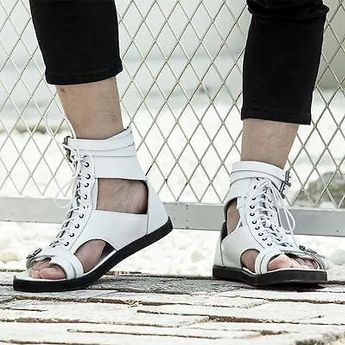 Men's Gladiator Sandals Summer Outdoor Non-Slip Beach Sandals Shoes Clip Toe Flip-Flops Flats Summer High Top Lace-Up Buckle Sandals Leather Roman Sandals Zipper Shoes for Walking Hiking