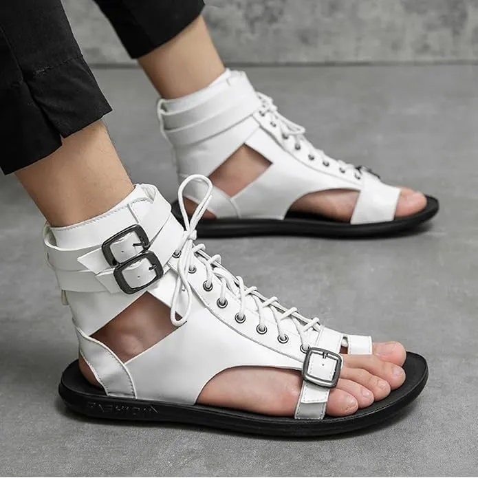 Men's Gladiator Sandals Summer Outdoor Non-Slip Beach Sandals Shoes Clip Toe Flip-Flops Flats Summer High Top Lace-Up Buckle Sandals Leather Roman Sandals Zipper Shoes for Walking Hiking